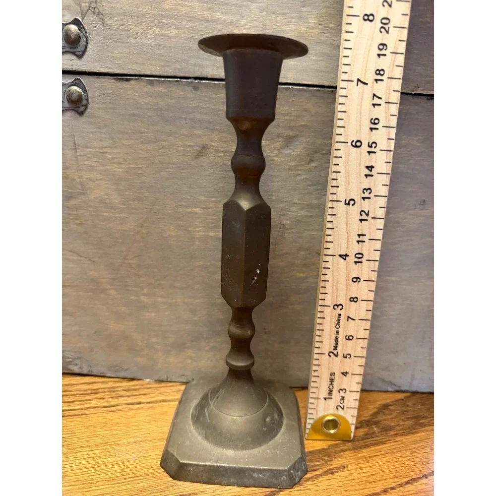 Vintage Solid Brass Taper Candlestick Holder Square Base Hexagon Stem 7.5 Inch